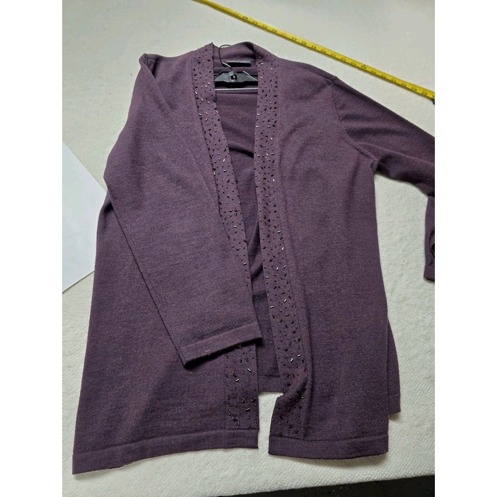 Amber Sun Cardigan Women's XL Purple 100% Merino Wool Beaded Open Front Sweater